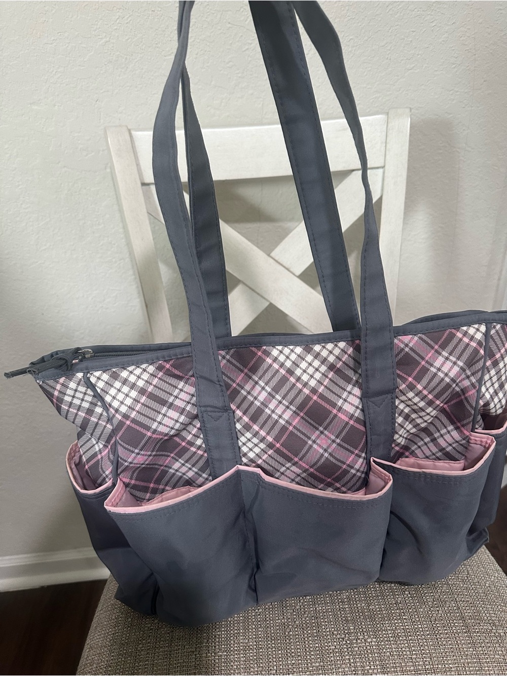Gray and Pink Plaid Tote Bag with Exterior Pockets